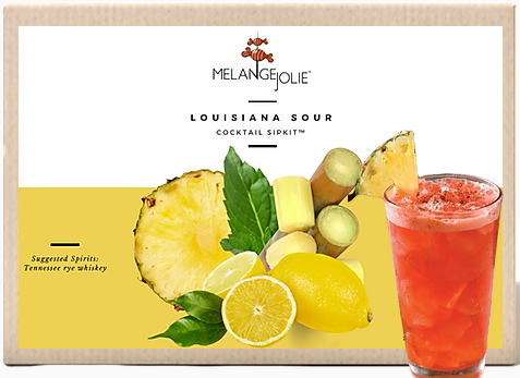 Mélange Jolie Louisiana Sour Cocktail SipKit™ with ingredients and tools for making cocktails, including a rocks glass, bar spoon, and fresh mint.