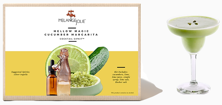 Mélange Jolie Mellow Magic Cucumber Margarita Cocktail SipKit™ with margarita glass and ingredients displayed.