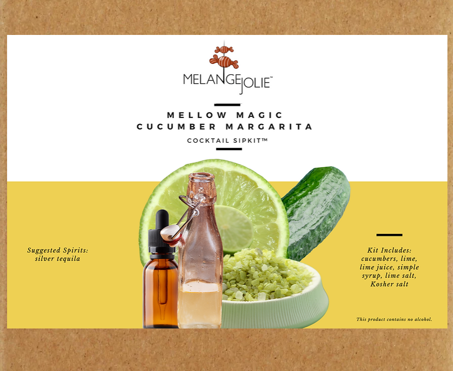 Mélange Jolie Mellow Magic Cucumber Margarita Cocktail SipKit™ with margarita glass and ingredients displayed.