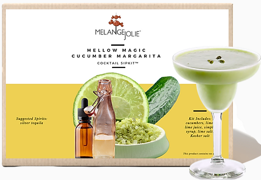 Mélange Jolie Mellow Magic Cucumber Margarita Cocktail SipKit™ with margarita glass, cucumber syrup, and garnishes.