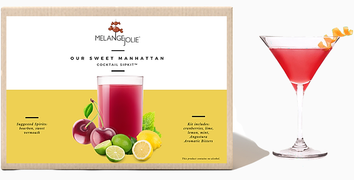 Mélange Jolie Sweet Manhattan Cocktail SipKit™ with ingredients and tools for cocktail making, including a martini glass and garnishes.