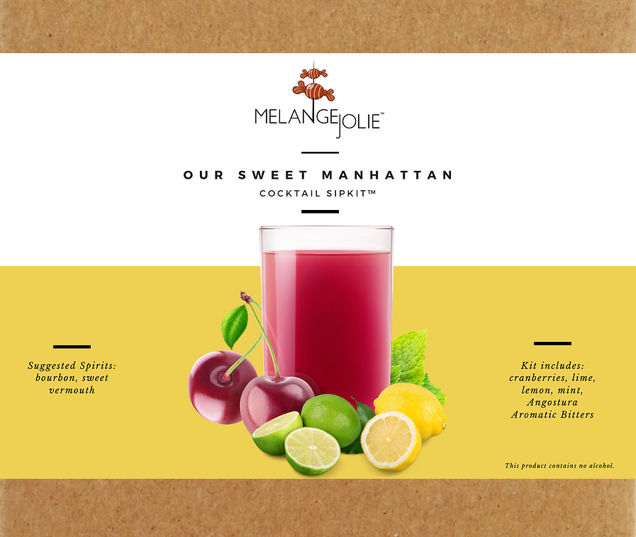 Mélange Jolie Sweet Manhattan Cocktail SipKit™ with ingredients and tools for cocktail making, including a martini glass and garnishes.