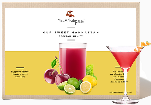 Mélange Jolie Sweet Manhattan Cocktail SipKit™ with ingredients and tools for cocktail making, including a martini glass and garnishes.