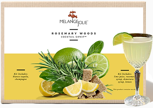 Mélange Jolie Rosemary Woods Cocktail SipKit™ with glass, bar spoon, and ingredients for cocktail making.