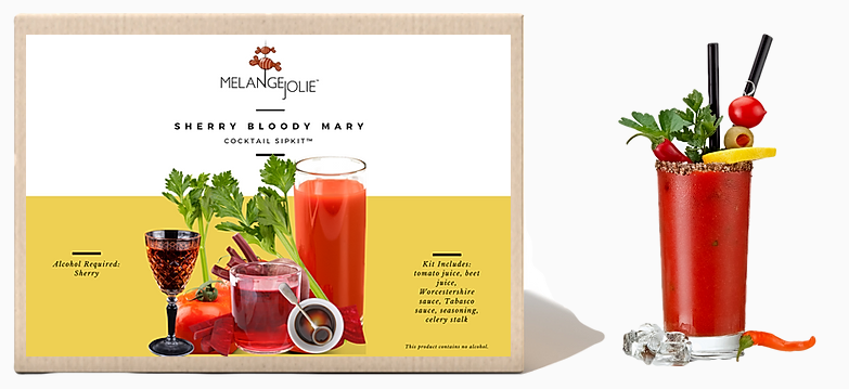 Mélange Jolie Sherry Bloody Mary Cocktail SipKit™ with highball glass, ingredients, and accessories displayed elegantly.