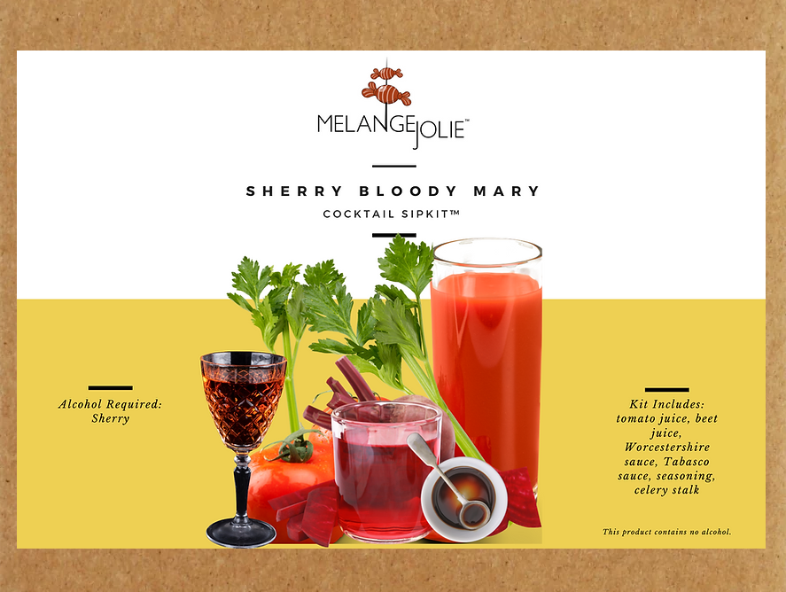 Mélange Jolie Sherry Bloody Mary Cocktail SipKit™ with highball glass, ingredients, and accessories displayed elegantly.