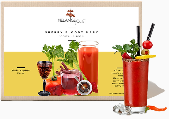 Mélange Jolie Sherry Bloody Mary Cocktail SipKit™ with highball glass, ingredients, and accessories displayed elegantly.