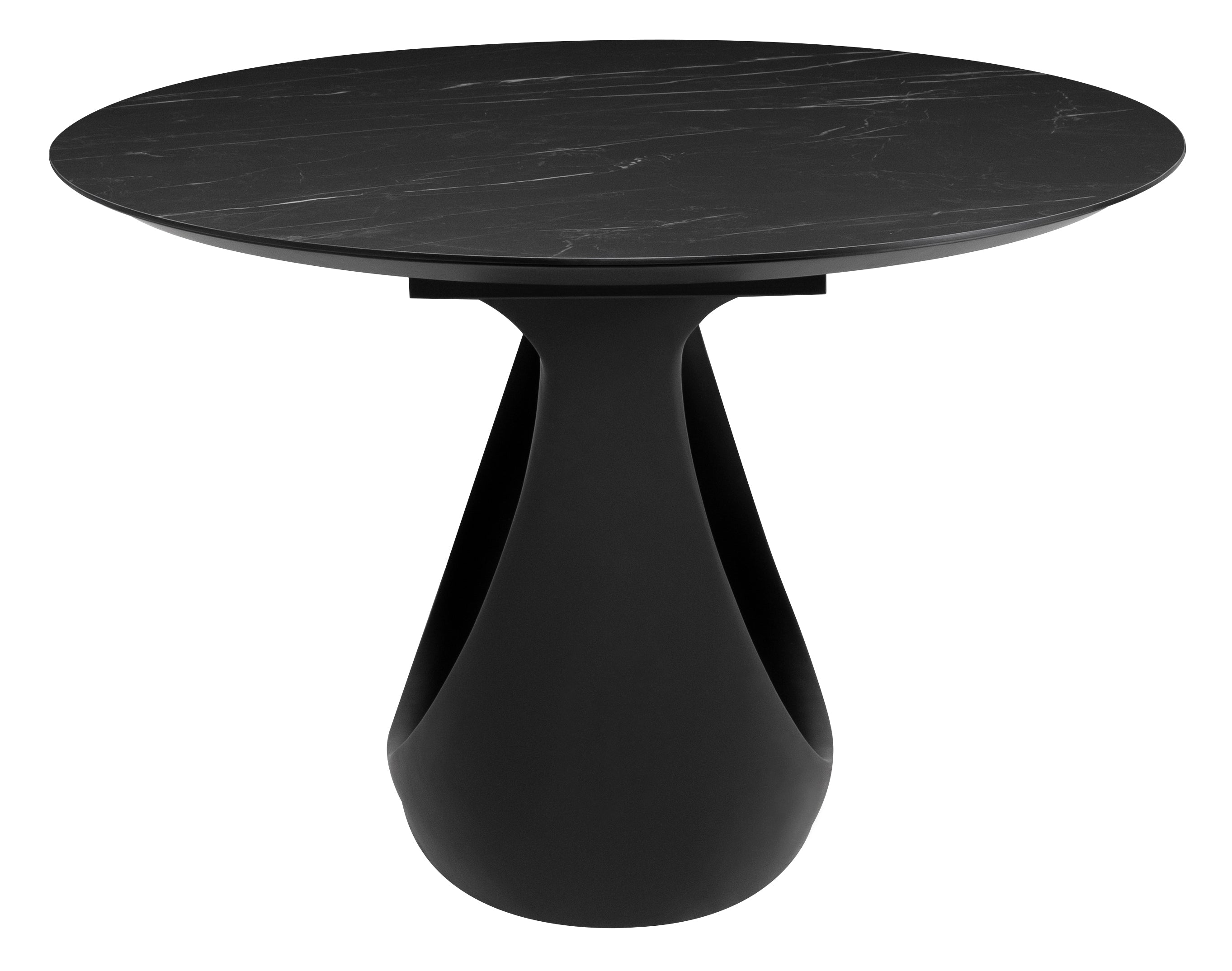 Montana Dining Table in Black with a sculptural base and ceramic oval top, showcasing its elegant design and spacious dimensions.