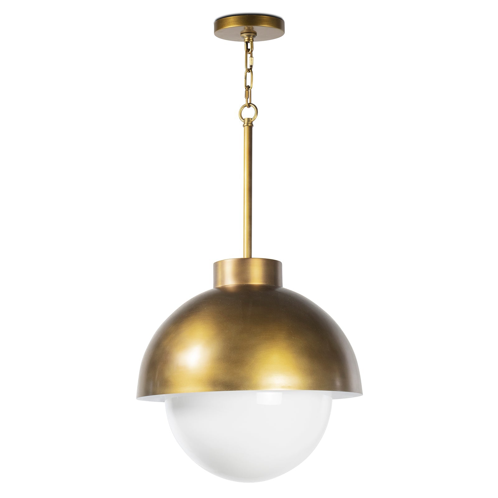 Montreux Pendant light featuring a curved metal shade and large milk glass globe, perfect for modern home decor.