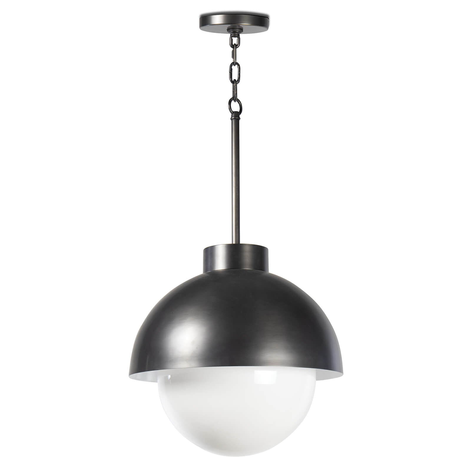 Montreux Pendant light featuring a curved metal shade and large milk glass globe, perfect for modern home decor.