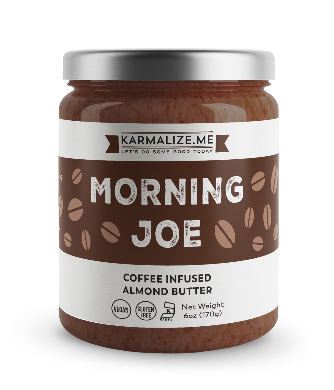 A jar of Morning Joe Spread, a coffee-infused almond butter, showcasing its creamy texture and rich color.