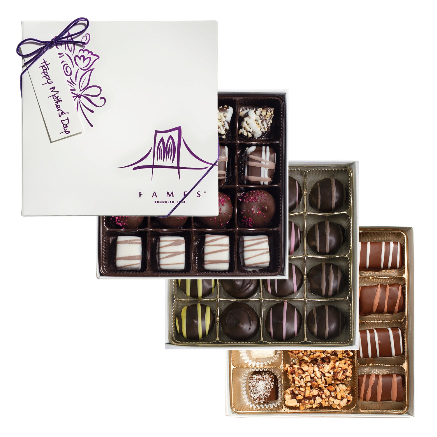 A beautifully arranged Mother's Day Candy Chocolate Box containing 47 gourmet chocolates in various flavors, elegantly packaged.