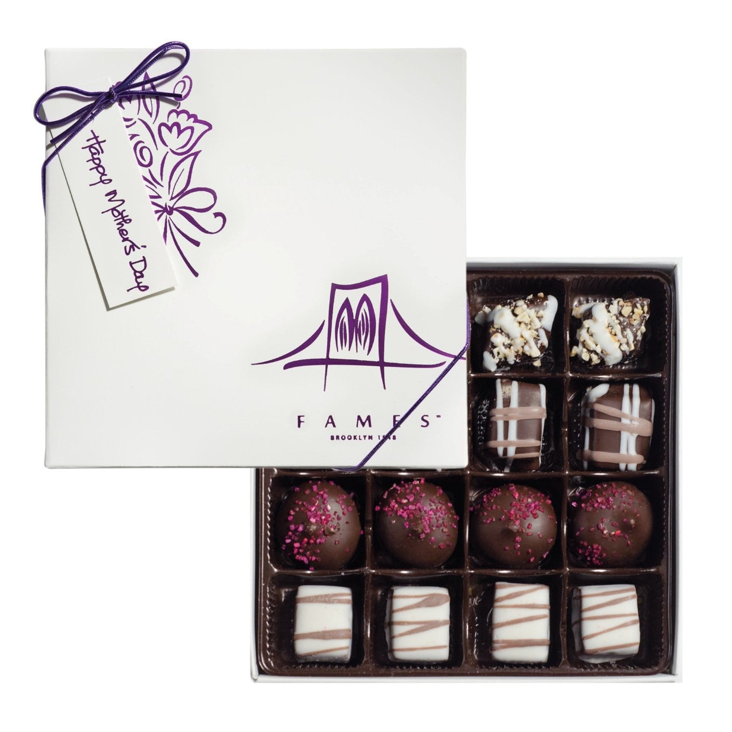 Mother's Day Chocolate Gift Box containing 16 artisan chocolates in four flavors: berry swirl, coffee fudge, creamy dreamy, and nutty diamond.