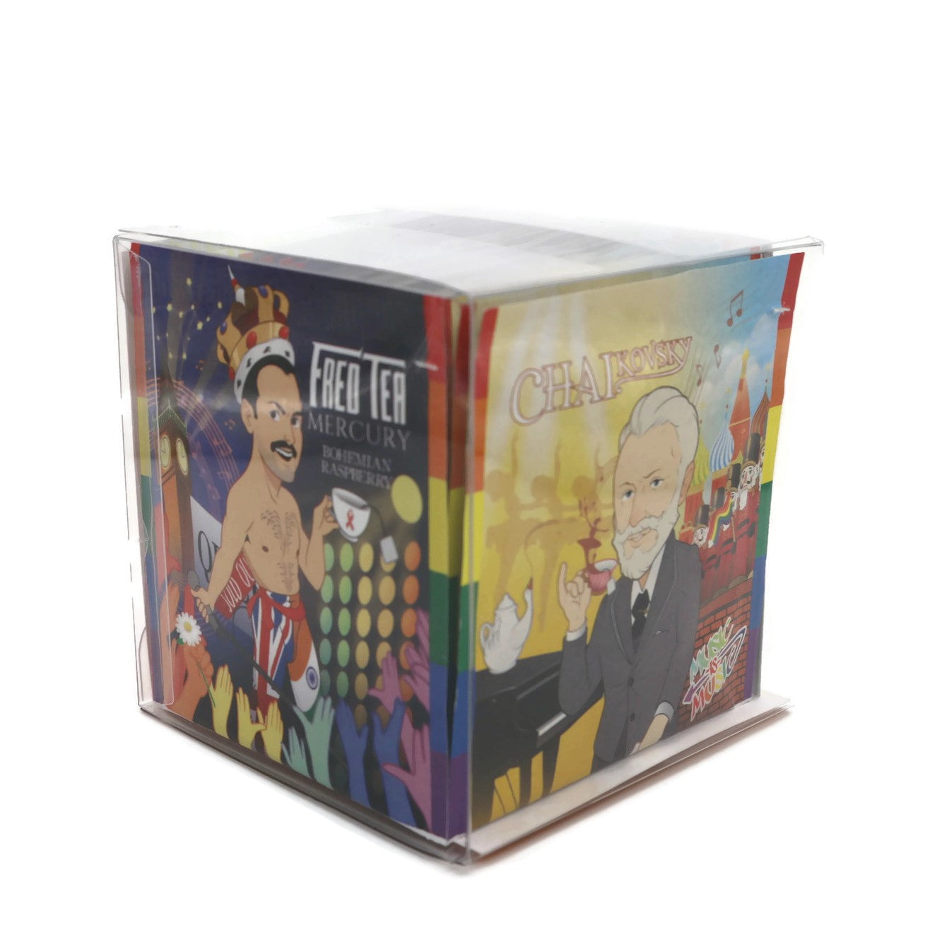 Musical ArTEAists Tea Sampler in a recycled plastic gift cube, showcasing various tea flavors and eco-friendly packaging.