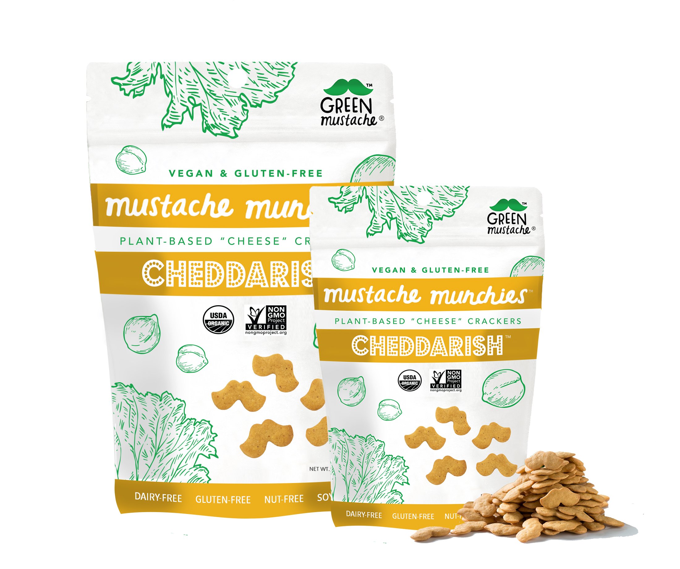 A bag of Mustache Munchies 'Cheddarish' Crackers featuring fun mustache-shaped snacks, organic and gluten-free, perfect for healthy snacking.