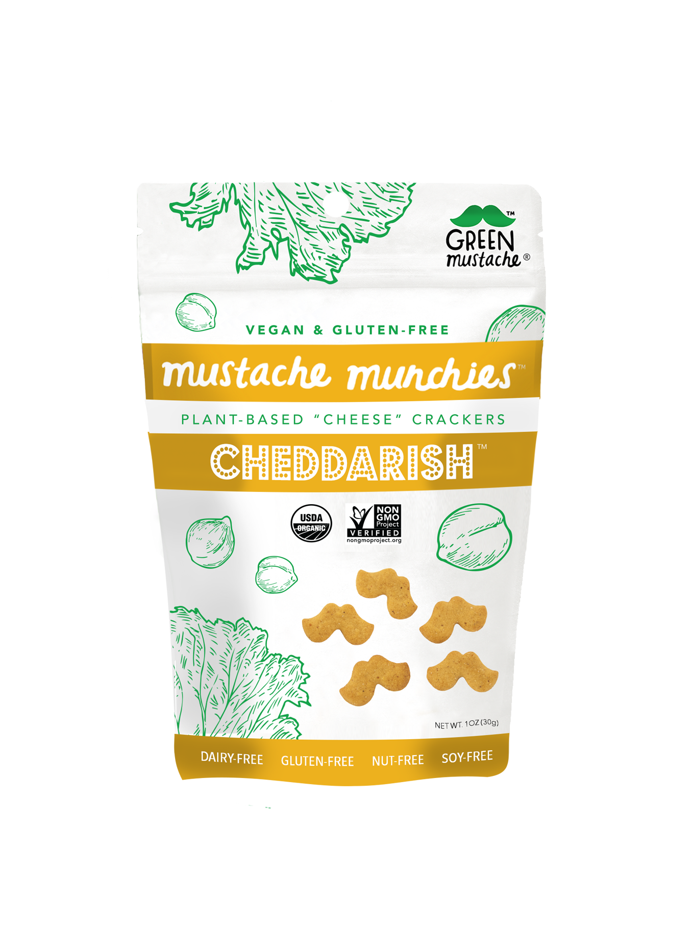 A bag of Mustache Munchies 'Cheddarish' Crackers featuring fun mustache-shaped snacks, organic and gluten-free, perfect for healthy snacking.