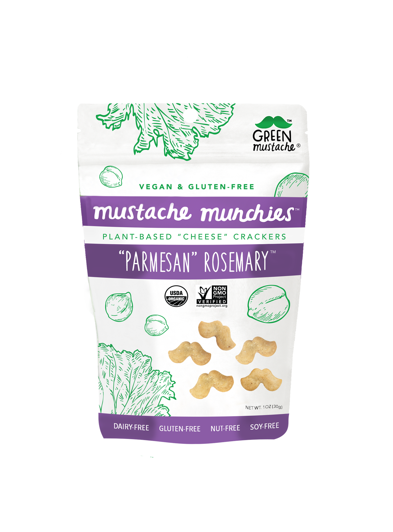 A bag of Mustache Munchies Parmesan Rosemary Crackers showcasing the vibrant packaging and a few crackers spilling out, highlighting their crispy texture.