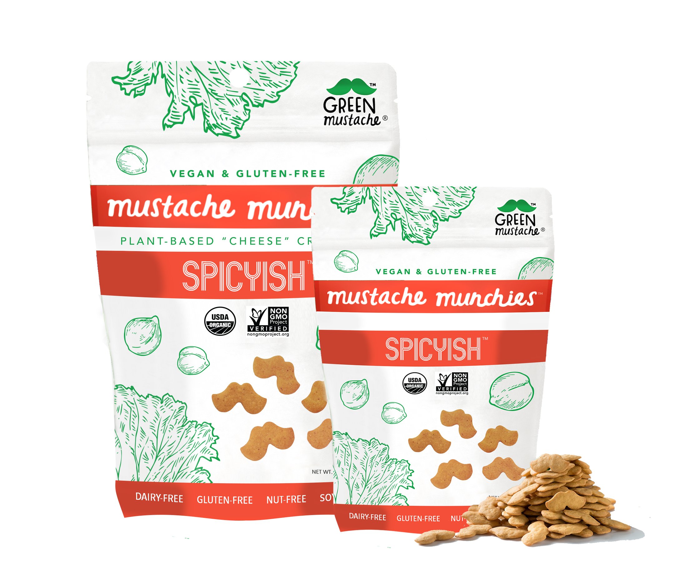 A pack of Mustache Munchies 'Spicyish' Crackers showcasing vibrant packaging and a spicy flavor profile, perfect for snacking.