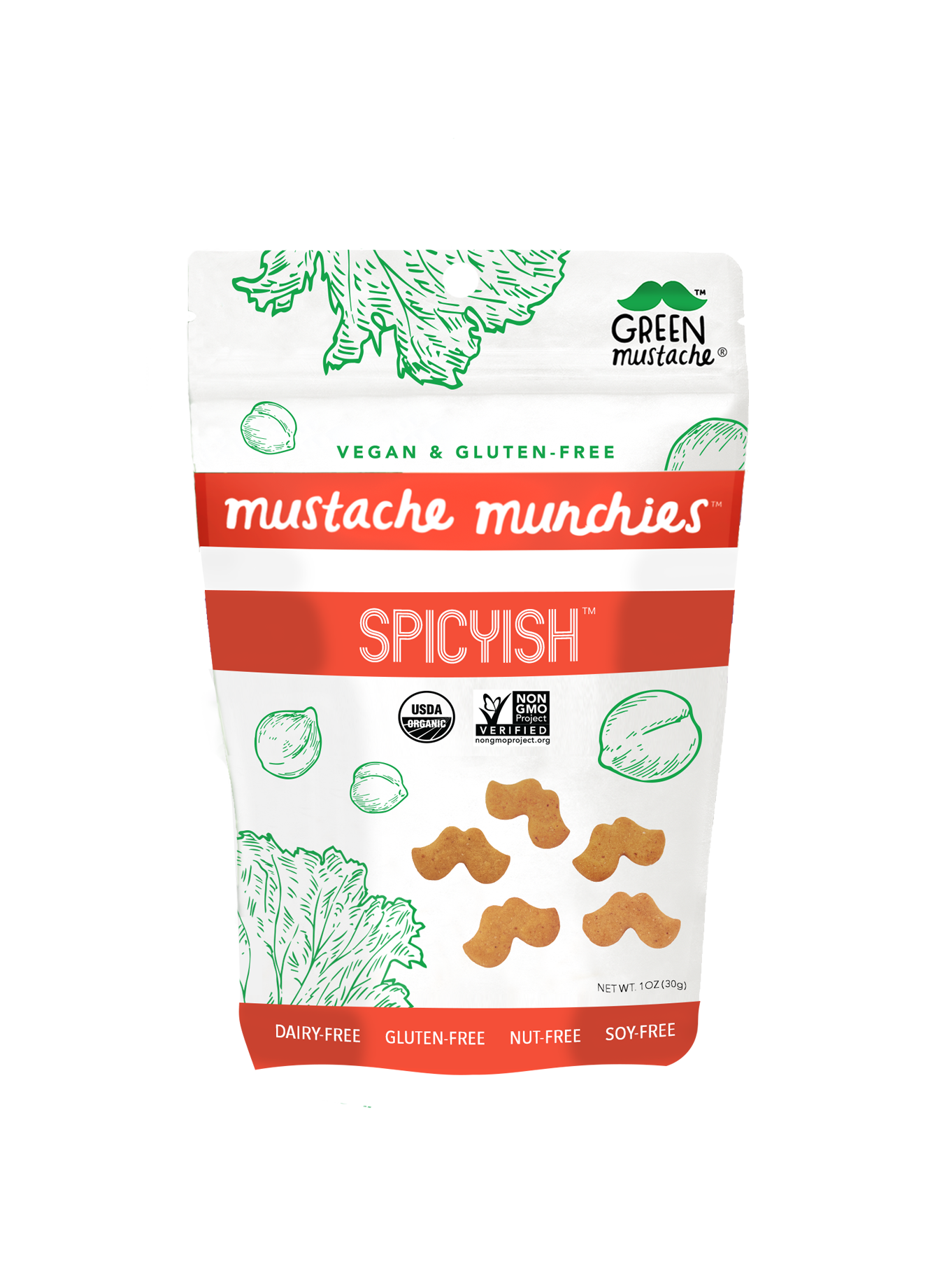 A pack of Mustache Munchies 'Spicyish' Crackers showcasing vibrant packaging and a spicy flavor profile, perfect for snacking.