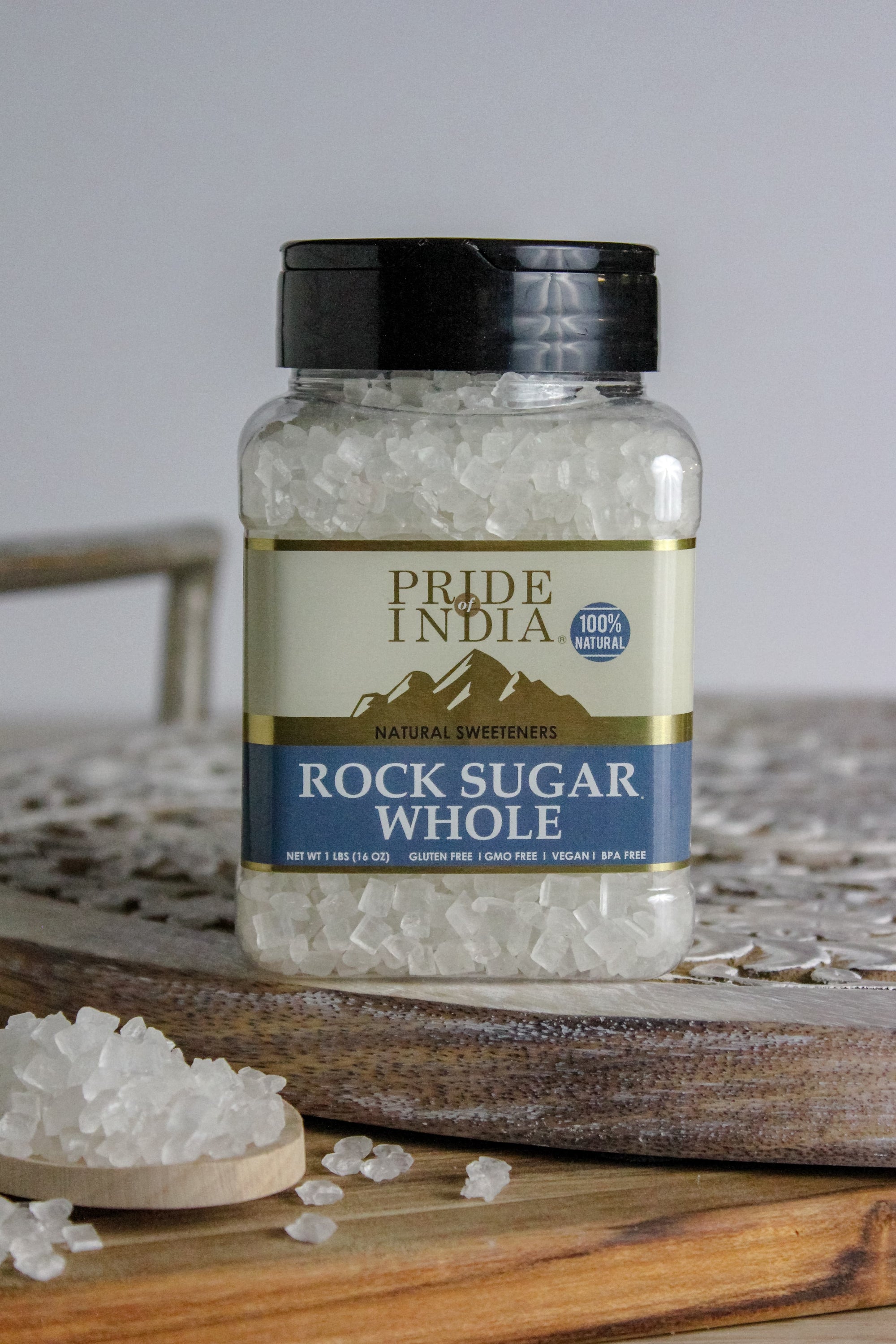 Natural Crystal Rock Sugar Whole in a dual sifting jar, showcasing its pure, crystalline structure and packaging.