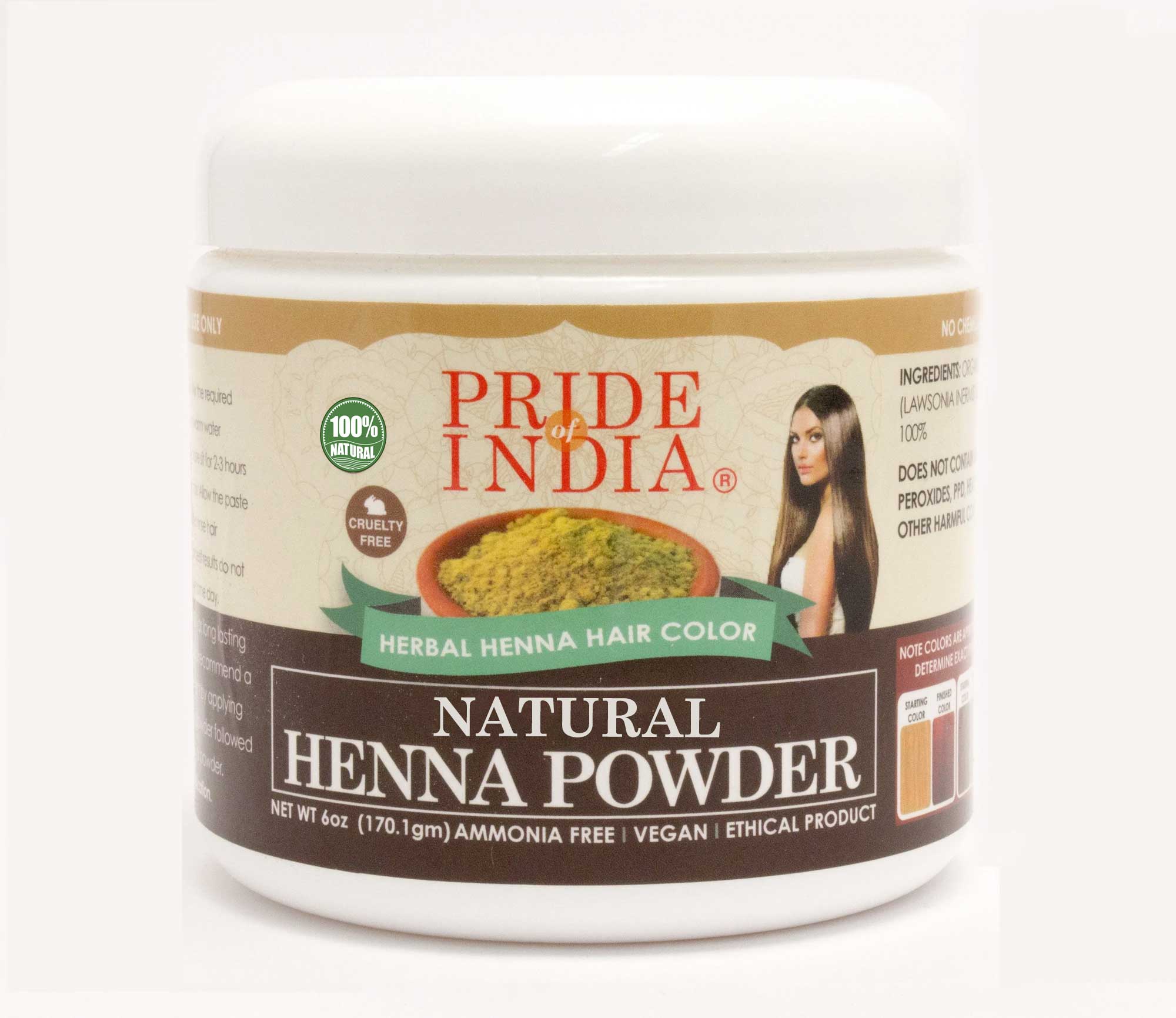 Natural Henna Hair Color Powder in a 8oz jar, showcasing its rich green color and packaging details.