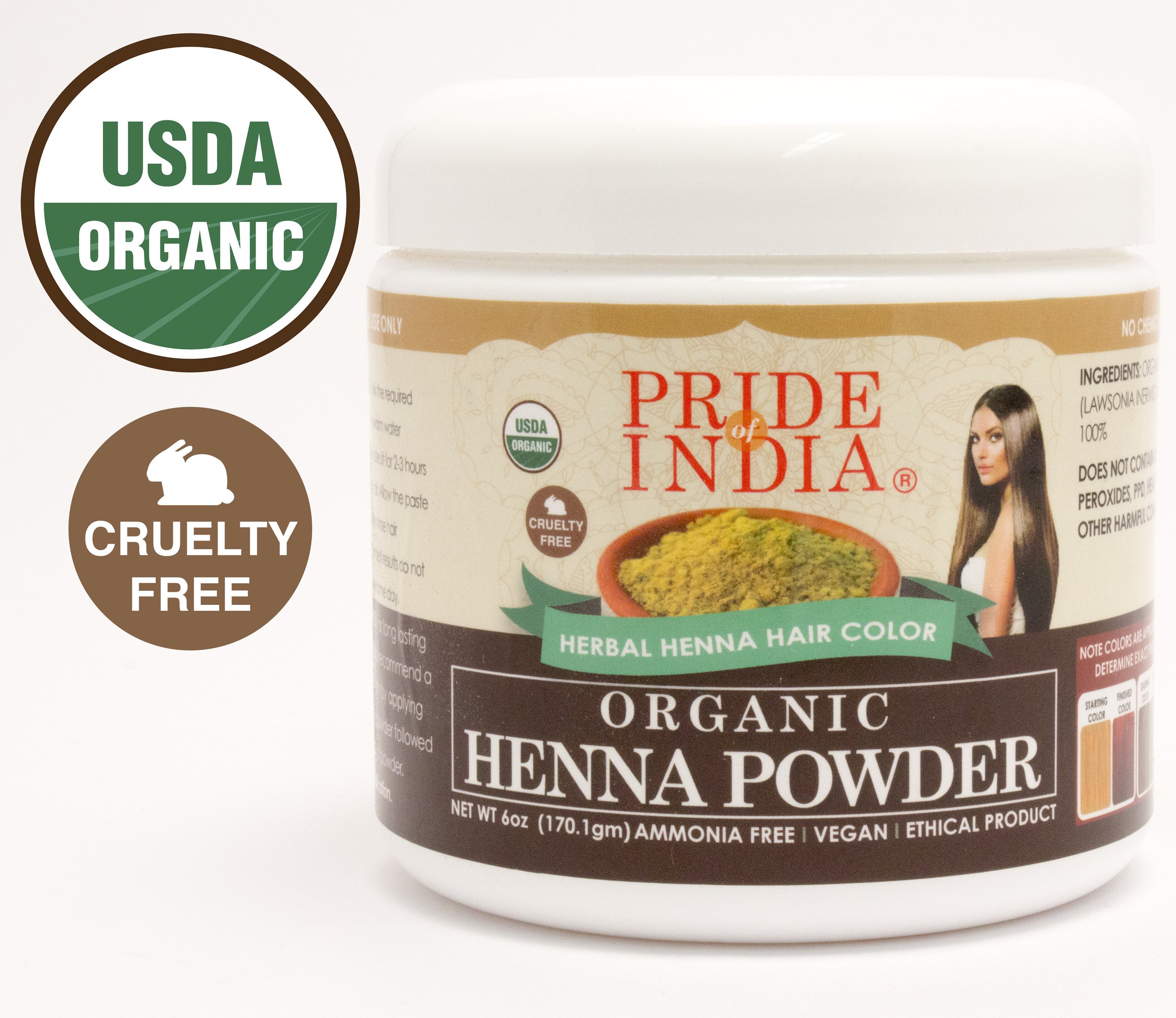 Natural Henna Hair Color Powder in a 8oz jar, showcasing its rich green color and packaging details.