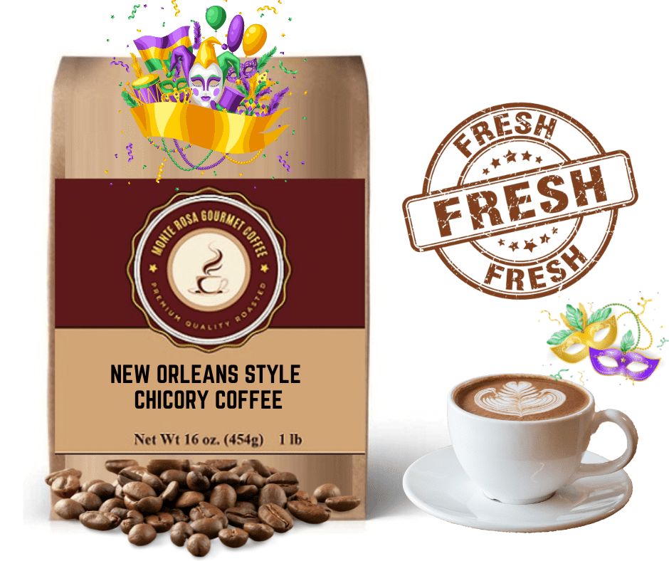 A steaming cup of New Orleans Style Chicory Coffee with chicory root and coffee beans in the background, showcasing its rich color and texture.