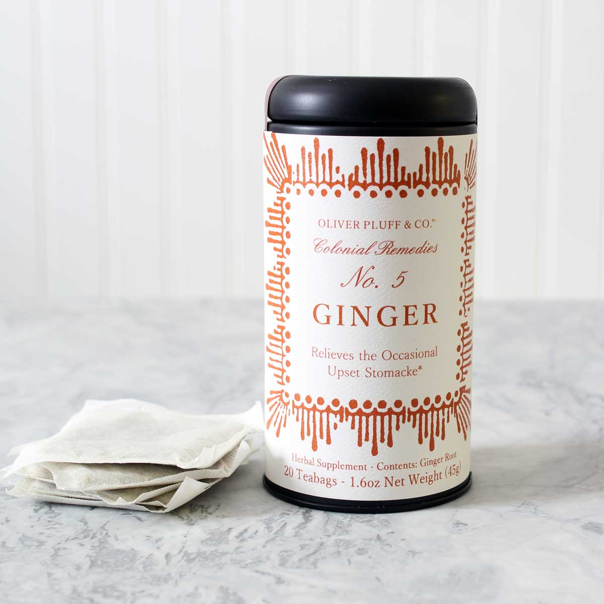 A box of No. 5 Ginger tea featuring 20 teabags, showcasing its vibrant packaging and the aromatic ginger flavor inside.