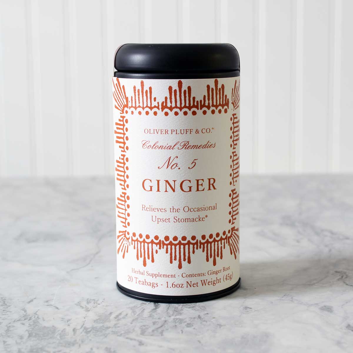 A box of No. 5 Ginger tea featuring 20 teabags, showcasing its vibrant packaging and the aromatic ginger flavor inside.