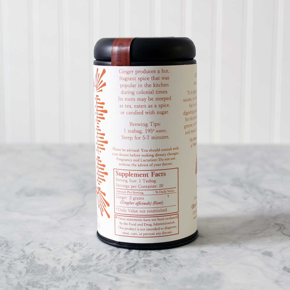 A box of No. 5 Ginger tea featuring 20 teabags, showcasing its vibrant packaging and the aromatic ginger flavor inside.