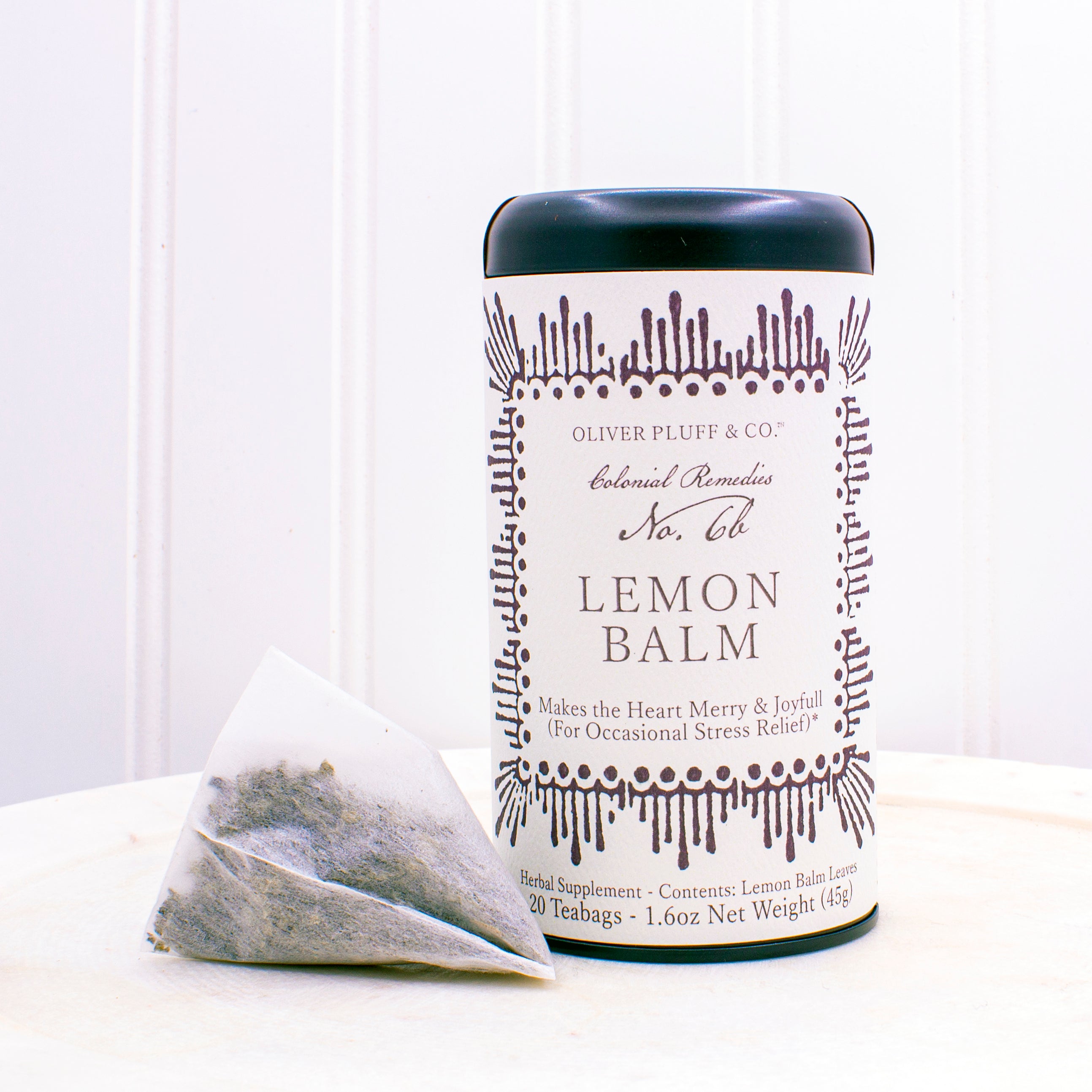 A box of Colonial Remedies No. 6b Lemon Balm tea featuring 20 teabags, with a refreshing lemon balm leaf design.