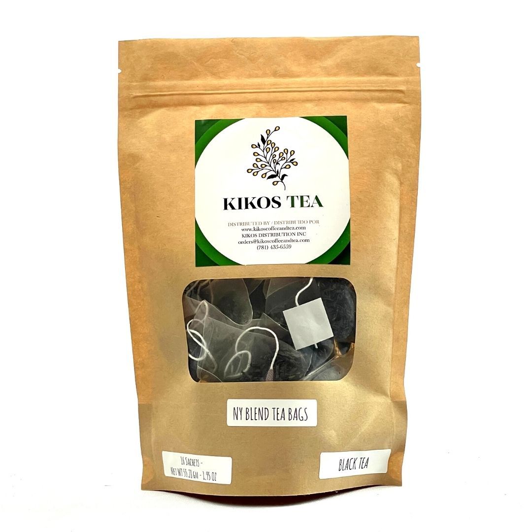 A box of NY Blend Tea Sachets featuring 16 individual sachets of premium black tea blend from India and Sri Lanka.