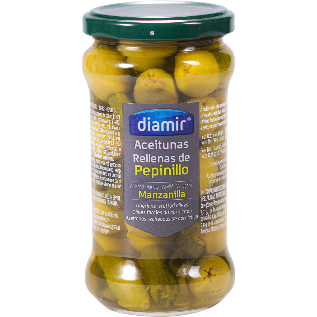 Jar of gherkin-stuffed olives.