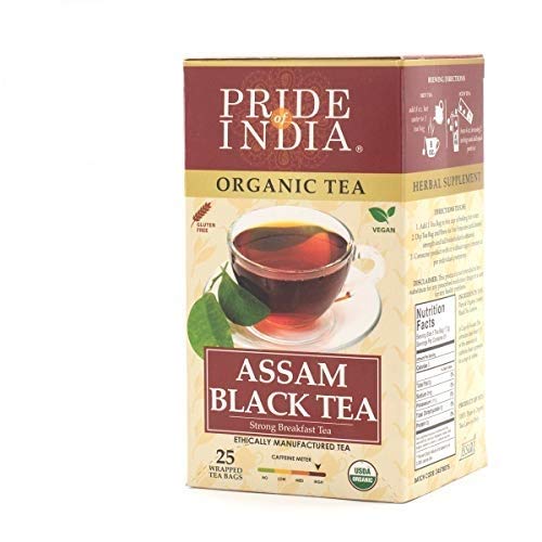 A pack of Organic Assam Breakfast Black Tea Bags, featuring 25 individually wrapped tea bags, showcasing the vibrant packaging and tea leaves.