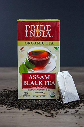 A pack of Organic Assam Breakfast Black Tea Bags, featuring 25 individually wrapped tea bags, showcasing the vibrant packaging and tea leaves.