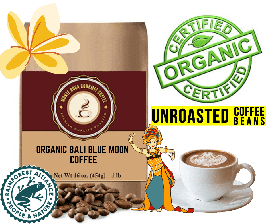 A bag of Organic Bali Blue Moon Coffee showcasing its vibrant packaging, with coffee beans spilling out, set against a backdrop of lush green coffee plants.