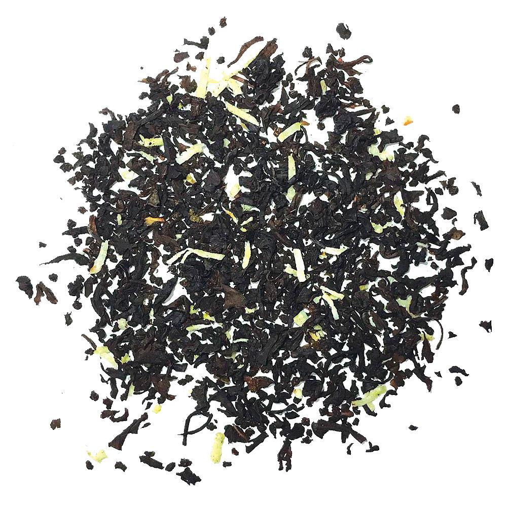 A vibrant package of Organic Black Coconut Vanilla Tea featuring black tea leaves, shredded coconut, and vanilla bits, perfect for a refreshing beverage.