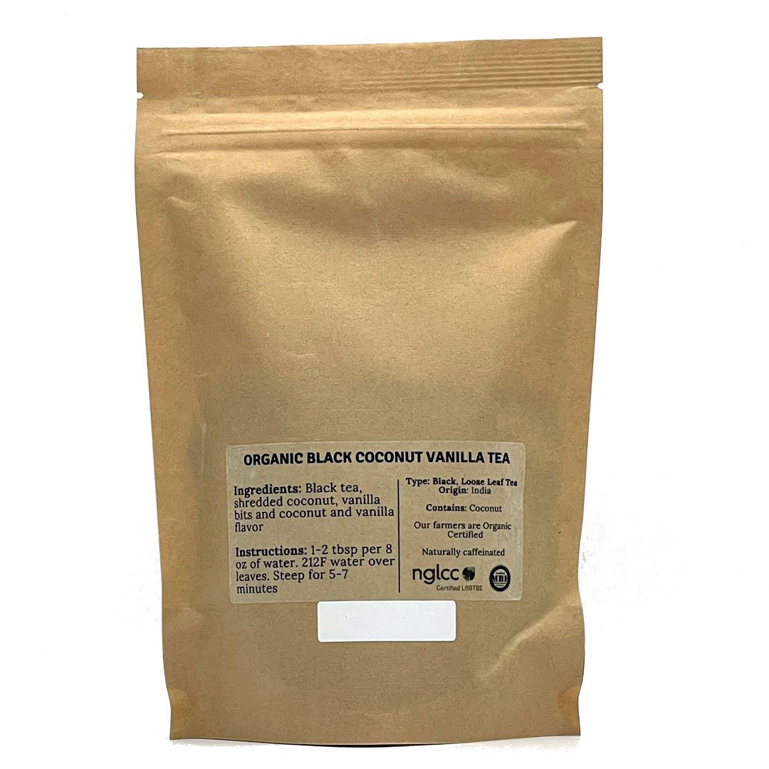 A vibrant package of Organic Black Coconut Vanilla Tea featuring black tea leaves, shredded coconut, and vanilla bits, perfect for a refreshing beverage.