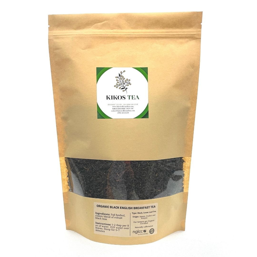 A 1 lb package of Organic Black English Breakfast Tea by Kikos, showcasing its loose leaf form and vibrant packaging.