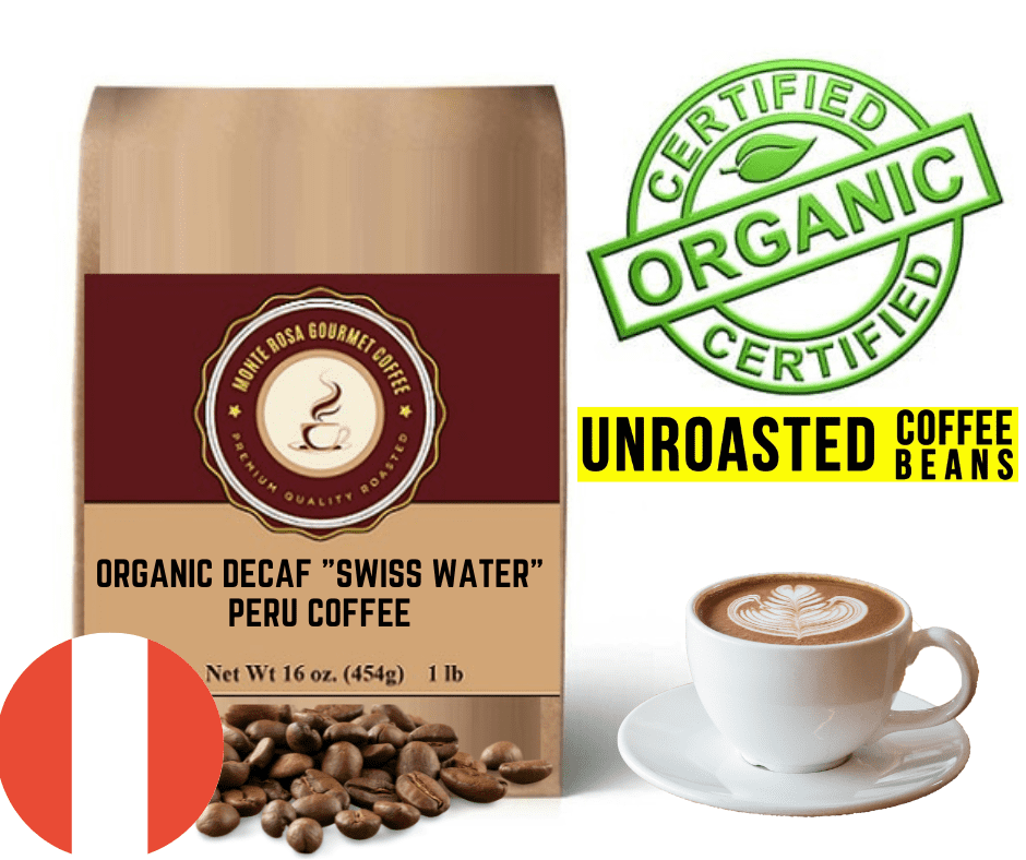 A bag of Organic Decaf 'Swiss Water' Peru Coffee showcasing its eco-friendly packaging and rich coffee beans.