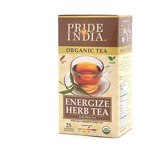 A pack of Organic Energize Herb Tulsi Black Tea Bags featuring vibrant packaging and individual tea bags, showcasing the blend of Assam black tea and tulsi.