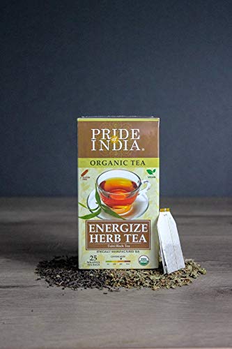 A pack of Organic Energize Herb Tulsi Black Tea Bags featuring vibrant packaging and individual tea bags, showcasing the blend of Assam black tea and tulsi.