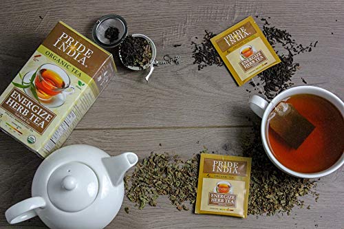 A pack of Organic Energize Herb Tulsi Black Tea Bags featuring vibrant packaging and individual tea bags, showcasing the blend of Assam black tea and tulsi.