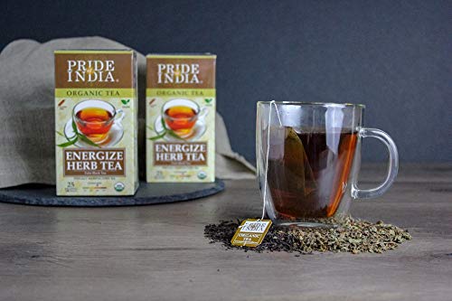 A pack of Organic Energize Herb Tulsi Black Tea Bags featuring vibrant packaging and individual tea bags, showcasing the blend of Assam black tea and tulsi.