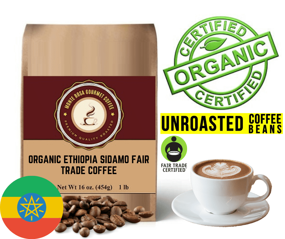 A bag of Organic Ethiopia Sidamo Fair Trade Coffee showcasing its vibrant packaging and rich coffee beans.