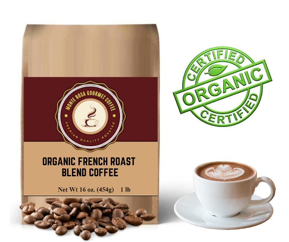 A bag of Organic French Roast Coffee showcasing rich, dark roasted beans with a rustic design.