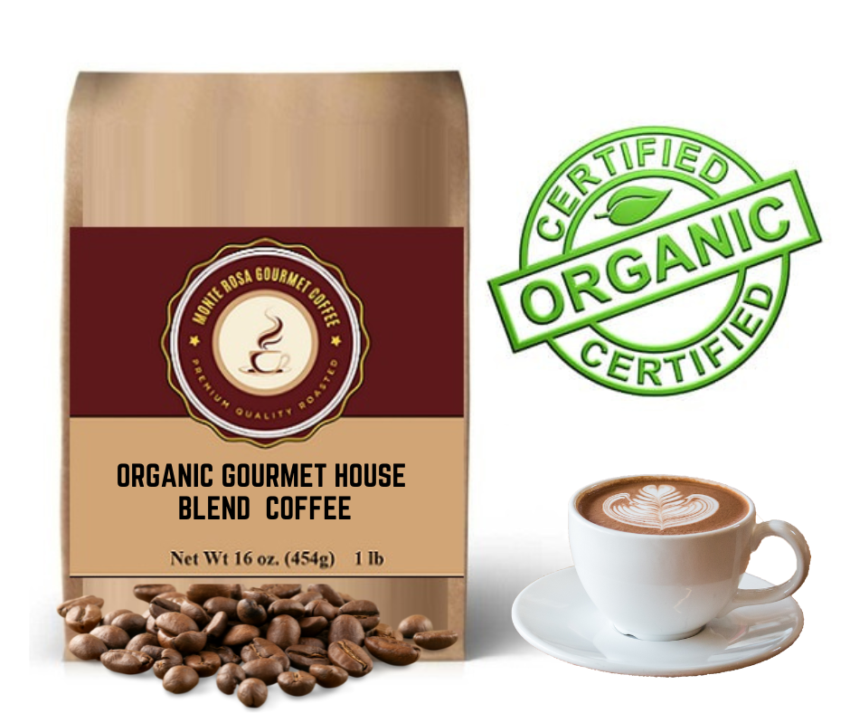 A bag of Organic Gourmet House Blend Coffee featuring rich, aromatic coffee beans with a warm, inviting design.