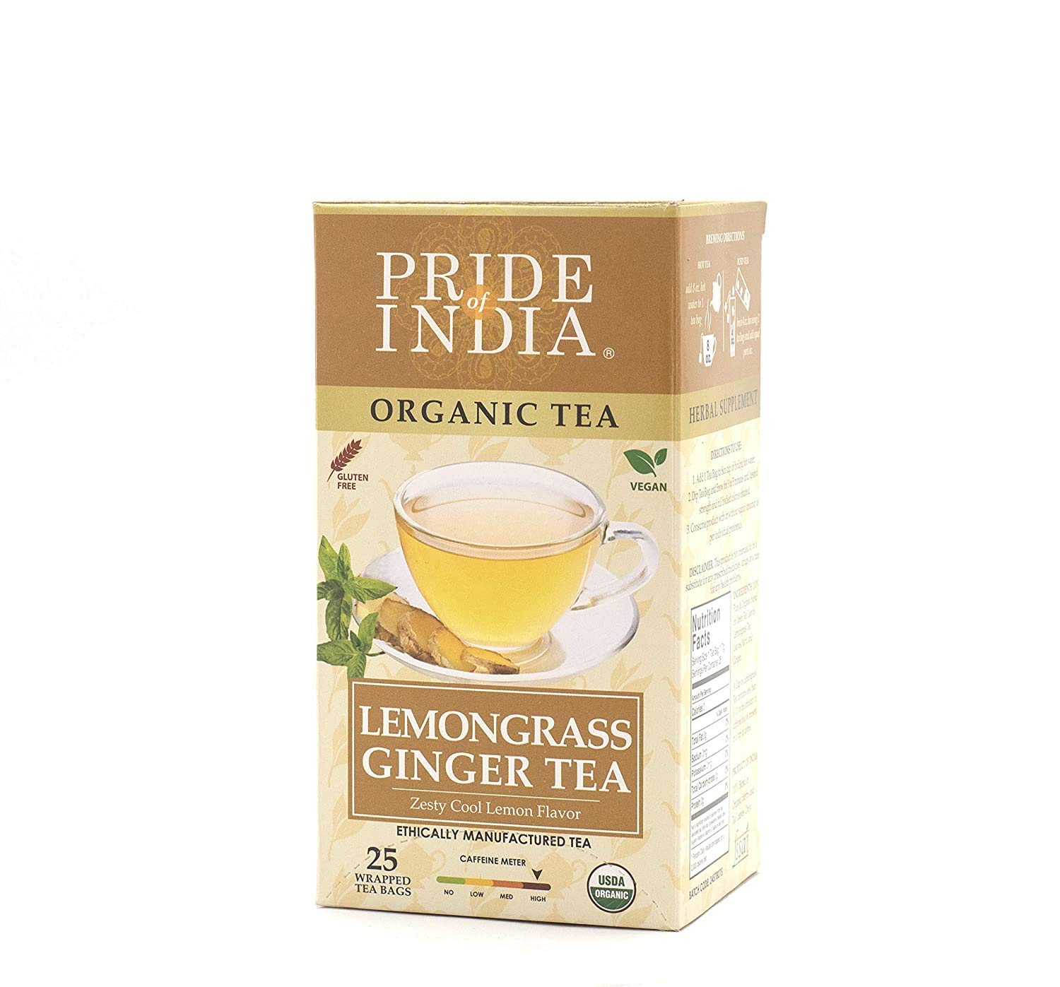 A pack of Organic Lemongrass Ginger Herbal Tea Bags featuring vibrant packaging and tea bags inside, showcasing the natural ingredients.