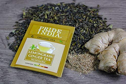 A pack of Organic Lemongrass Ginger Herbal Tea Bags featuring vibrant packaging and tea bags inside, showcasing the natural ingredients.