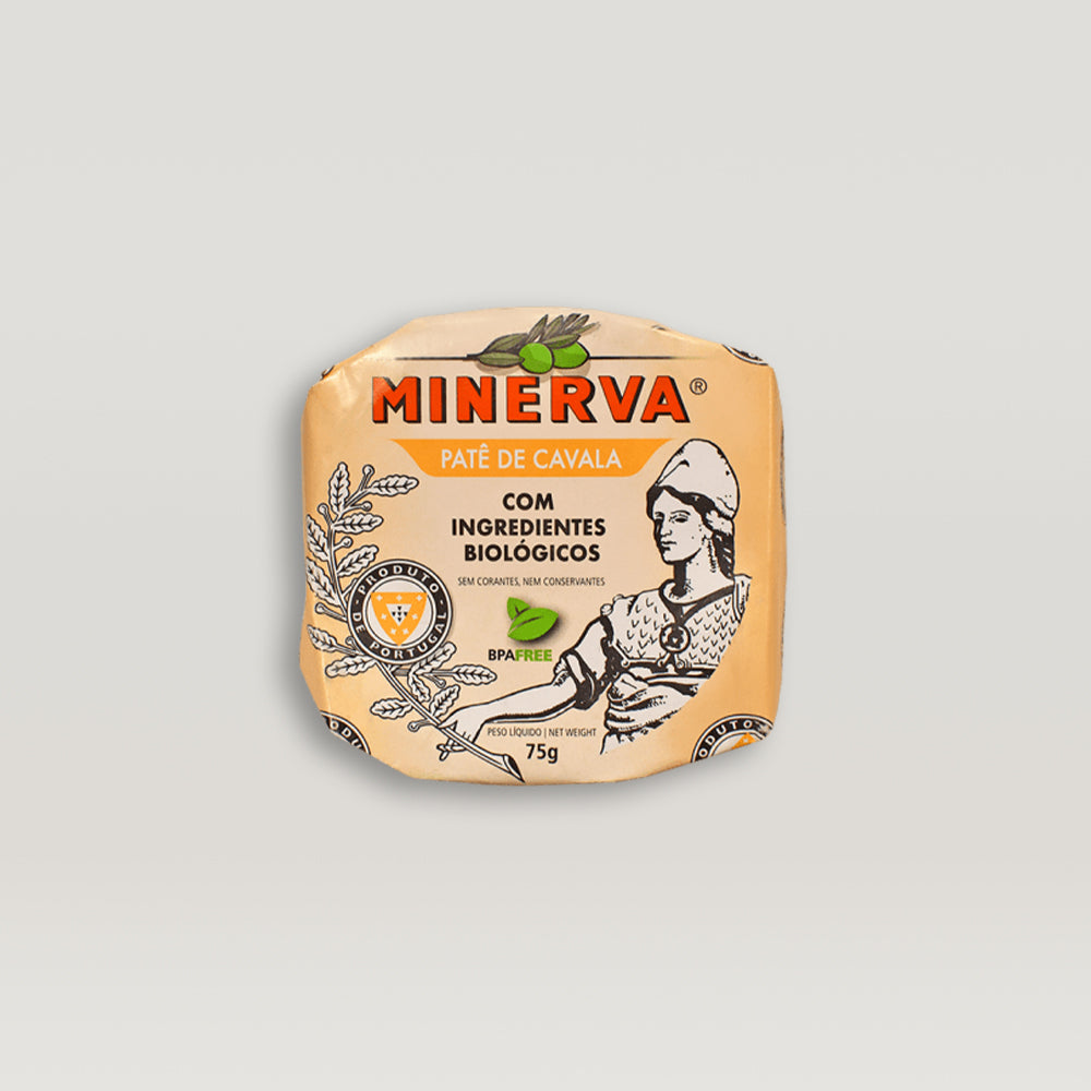 A jar of Minerva's Organic Mackerel Pâté showcasing its creamy texture and elegant packaging, perfect for gourmet hors d'oeuvres.